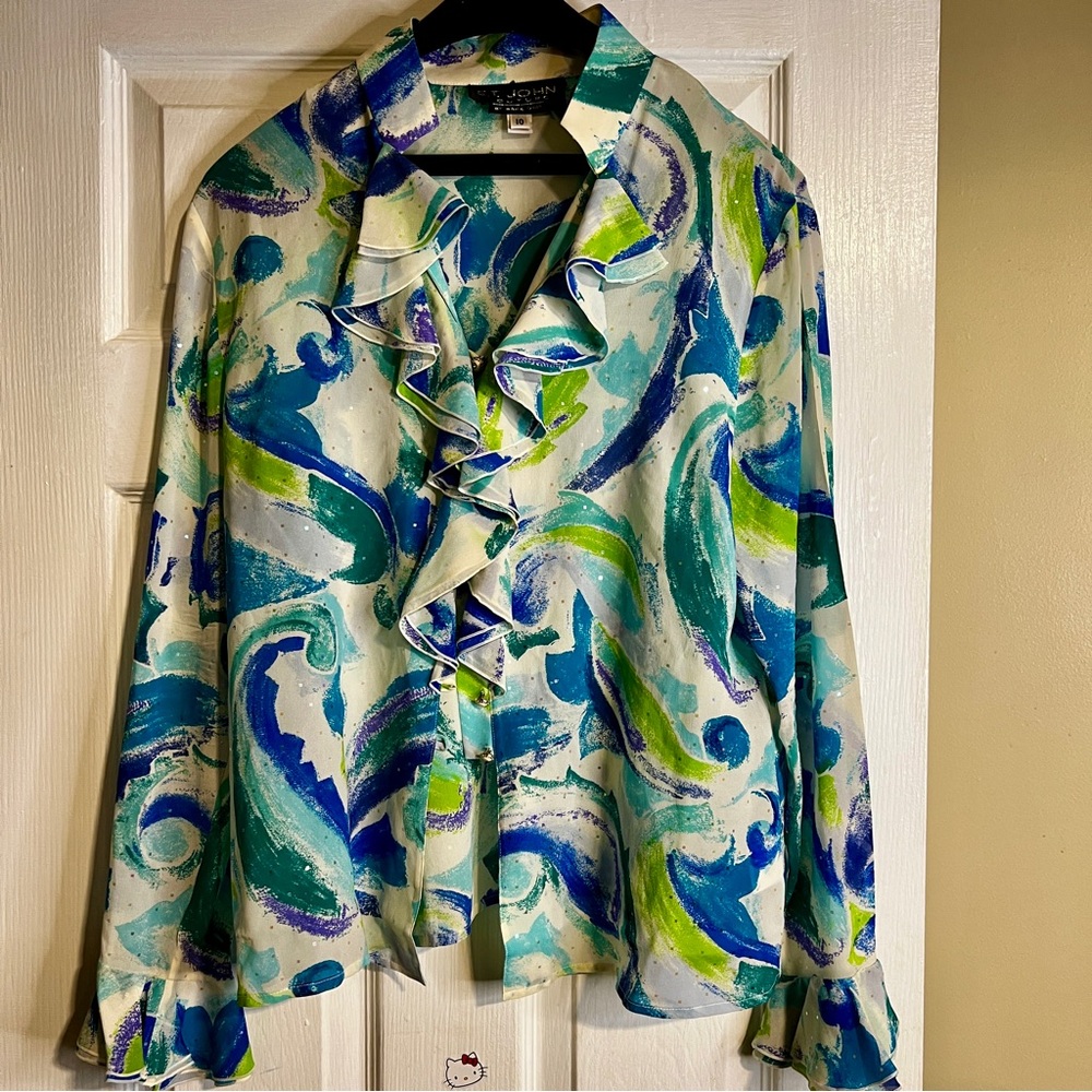 St. John Couture Vintage Wms Silk Sequin Ruffle Abstract Artsy Poets Blouse 10
